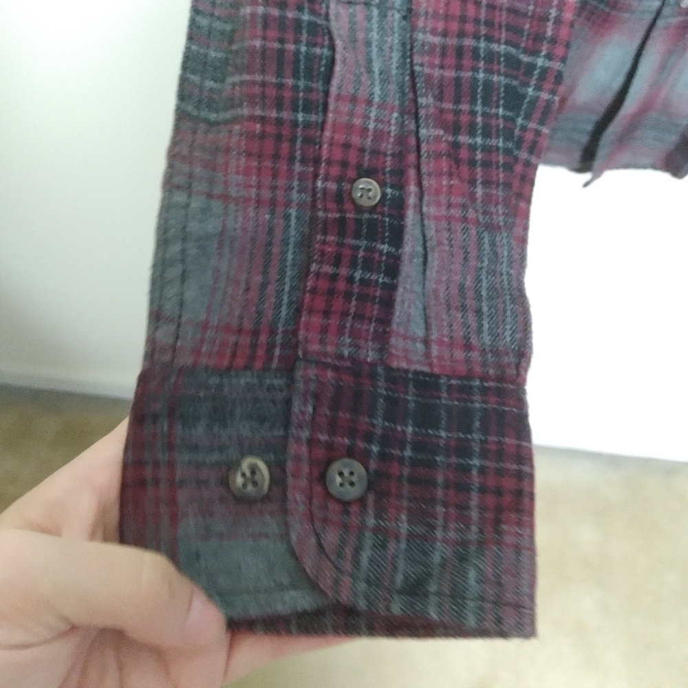 George Gray and Burgundy Plaid Flannel Button Down Shirt Size Small - Picture 8 of 11